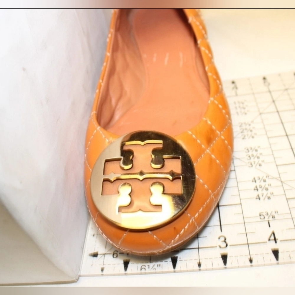 Tory Burch Reva Quilted Patent Leather Ballet Flats Orange Camel Brown Vachetta - Picture 7 of 10